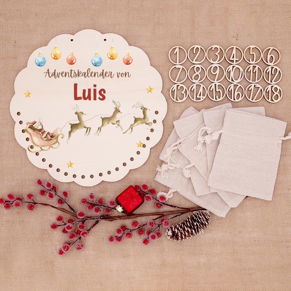 Personalisierter runder Adventskalender Kinder aus Holz - Rentiere