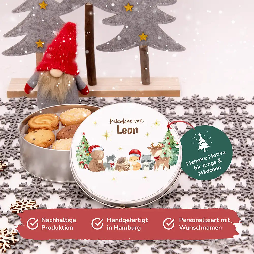 Keksdose aus Metal personalisiert - Weihnachtliche Waldtiere