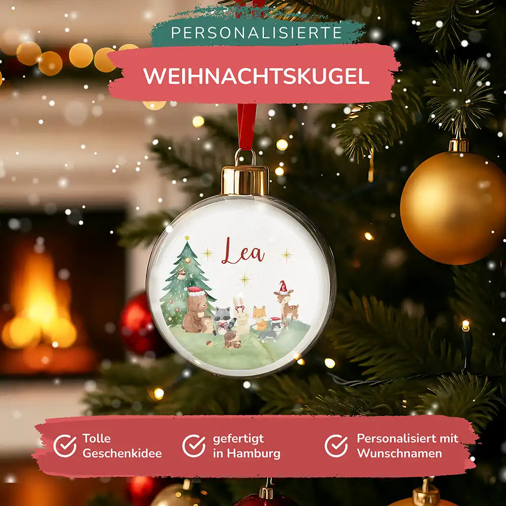 Weihnachtskugel personalisiert mit Namen - Niedliche Waldtiere mit Weihnachtsmütze