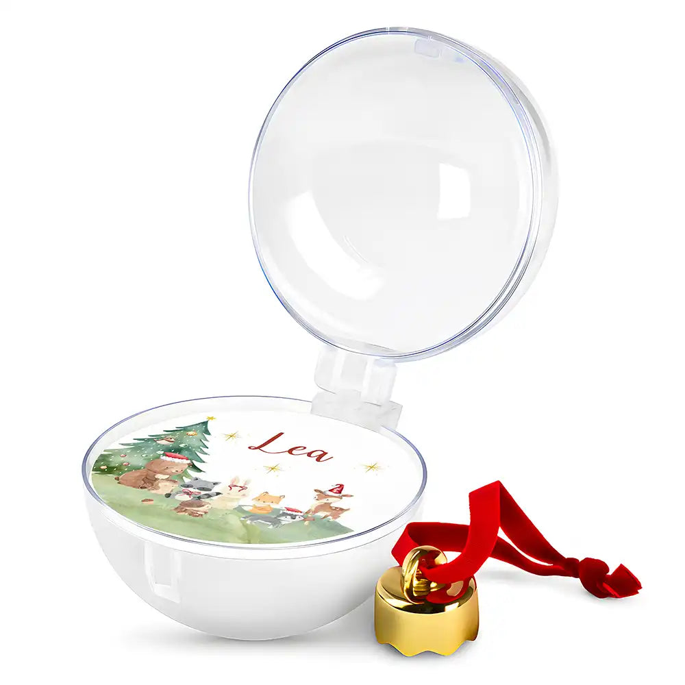 Weihnachtskugel personalisiert mit Namen - Niedliche Waldtiere mit Weihnachtsmütze