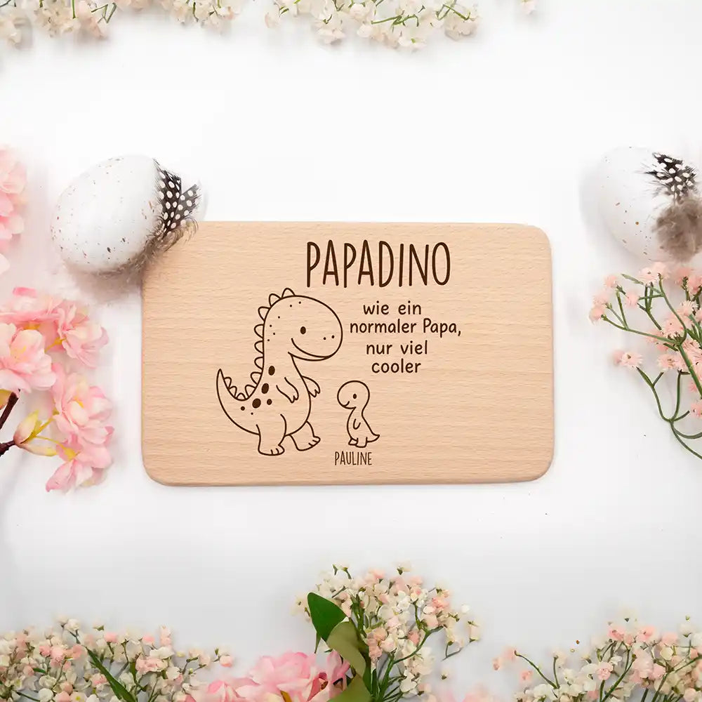 Frühstücksbrettchen Holz Dino mit Gravur - Geschenk Vatertag