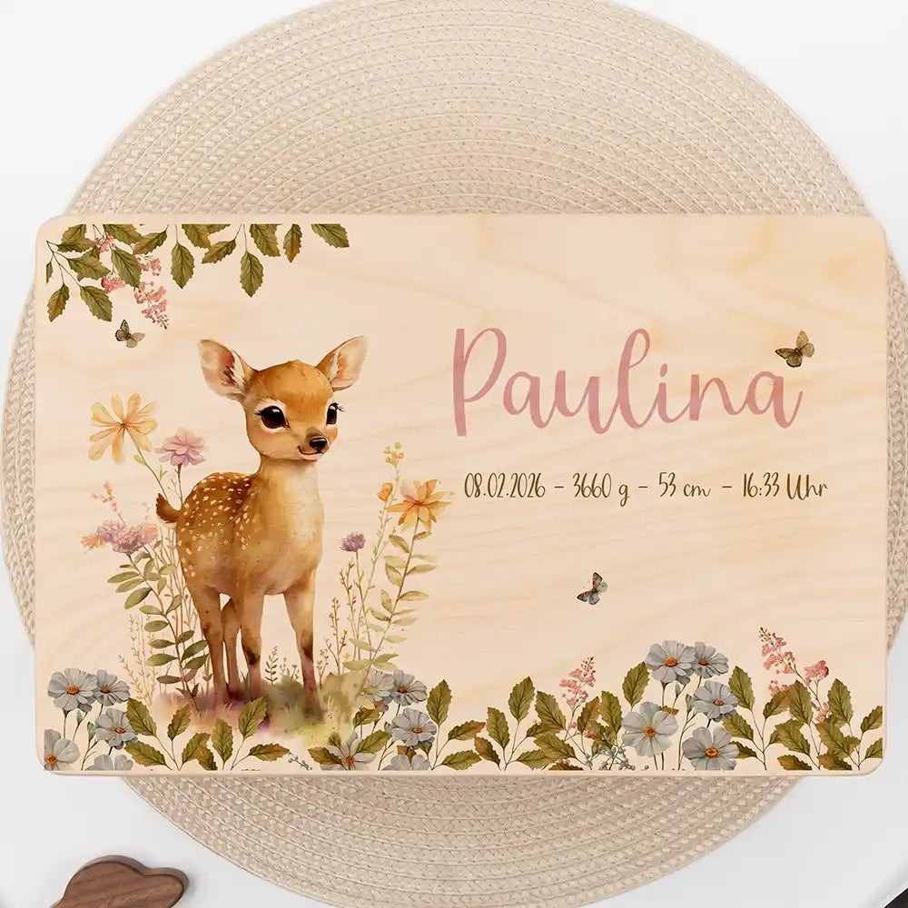 Boîte à souvenirs bébé personnalisée Faon fleurs des champs – gros plan du couvercle avec prénom et données de naissance
