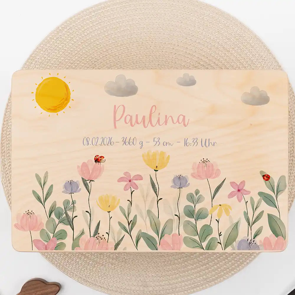 Boîte à souvenirs bébé personnalisée Fleurs sauvages – gros plan du couvercle avec prénom et données de naissance