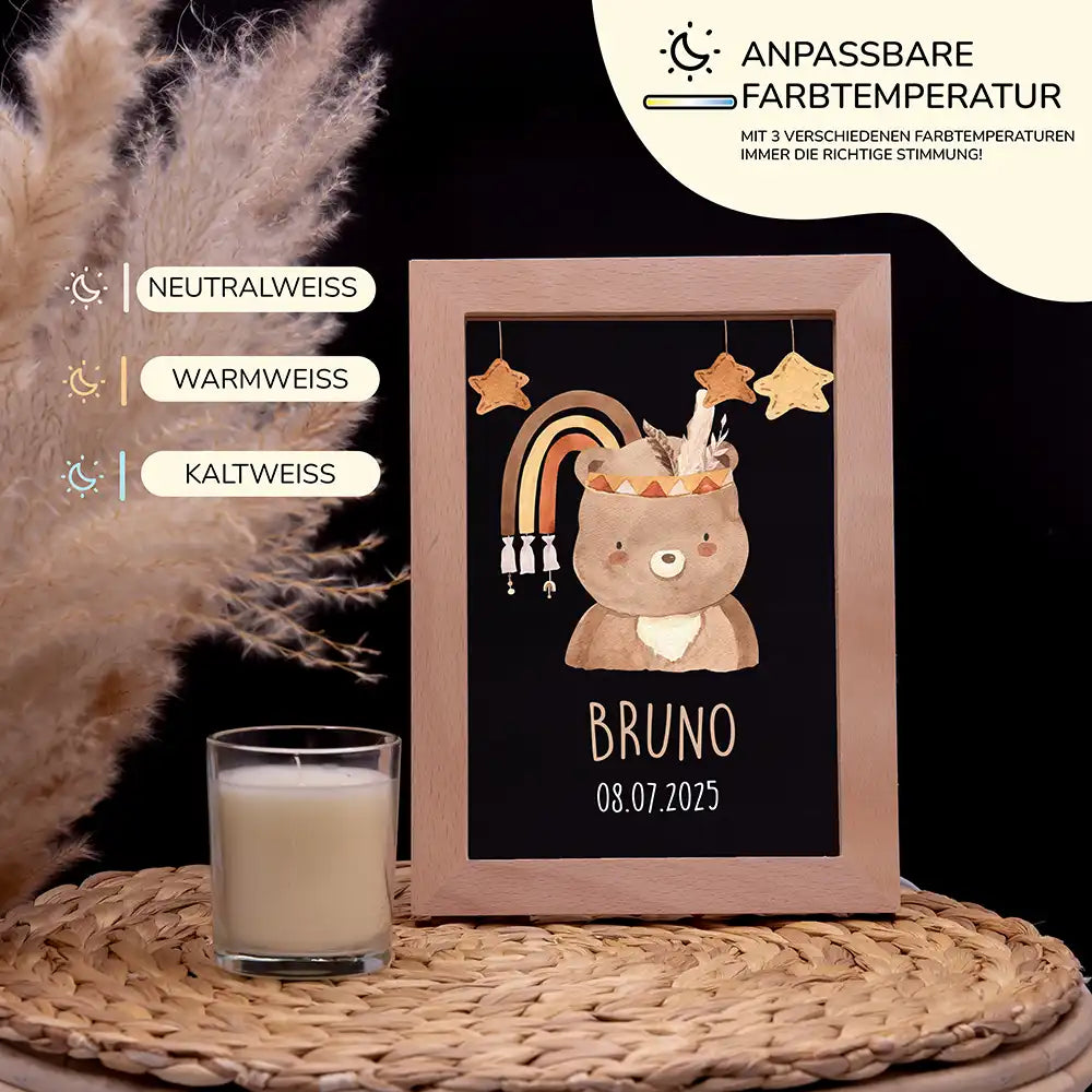 Personalisiertes LED Nachtlicht Bilderrahmen mit Namen - Boho Bär