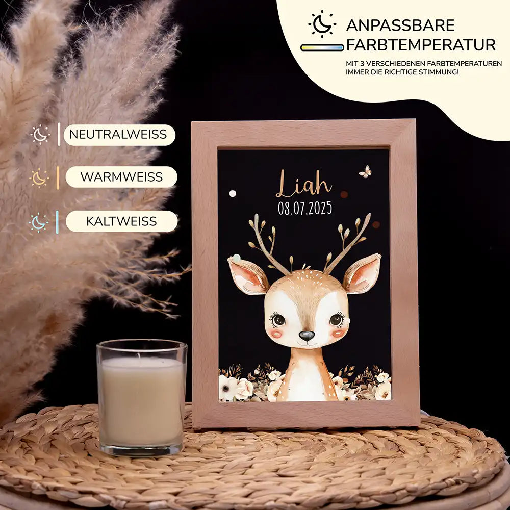 Personalisiertes LED Nachtlicht Bilderrahmen mit Namen - Baby Reh