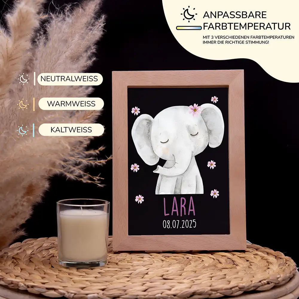 Personalisiertes LED Nachtlicht Bilderrahmen mit Namen - Elefant mit Pünktchen