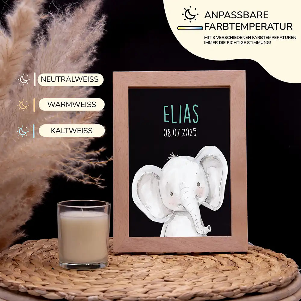 Personalisiertes LED Nachtlicht Bilderrahmen mit Namen - Elefant