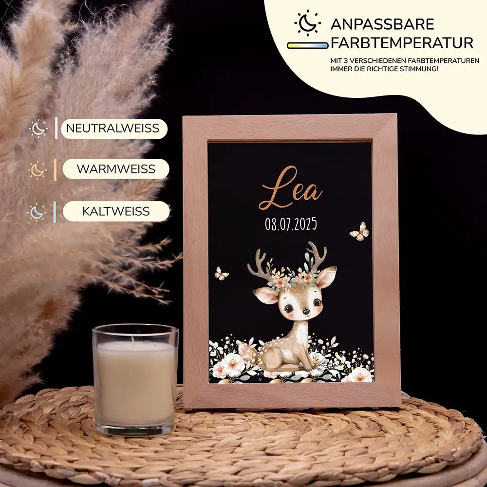 Personalisiertes LED Nachtlicht Bilderrahmen mit Namen - niedliches Reh