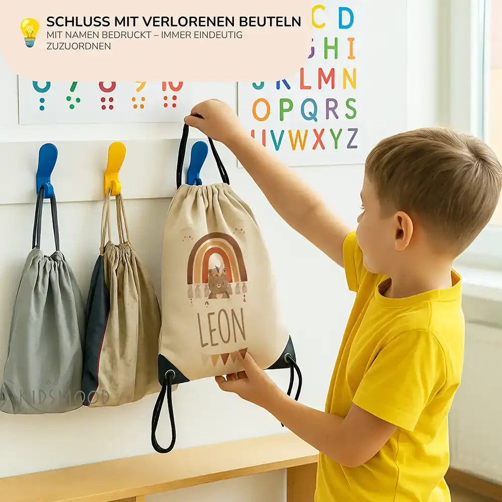 Personalisierter Turnbeutel mit Namen - Boho Bär Regenbogen