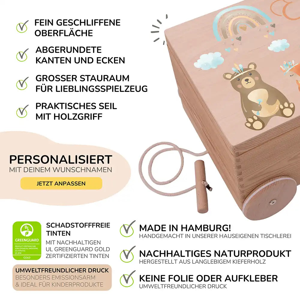 Spielzeugkiste mit Rädern personalisiert - Bär und Regenbogen