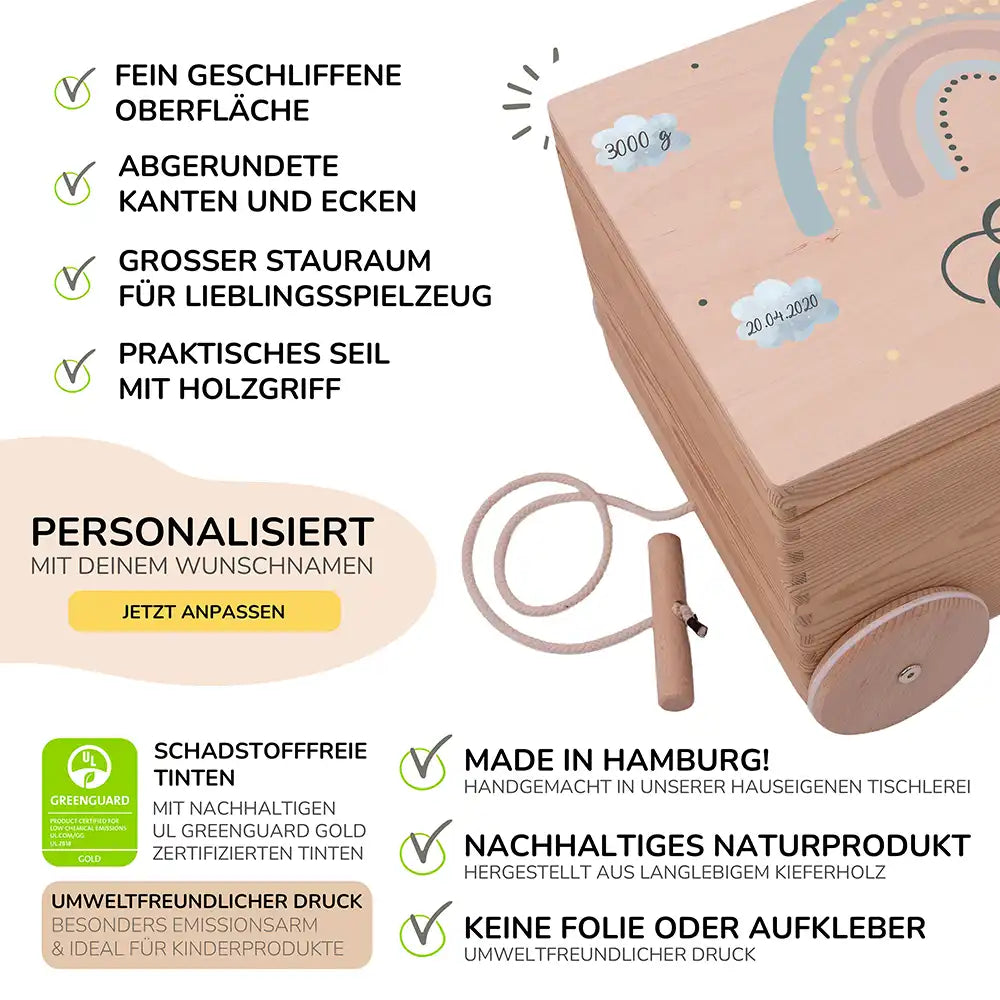 Spielzeugkiste mit Rädern personalisiert - Regenbogen