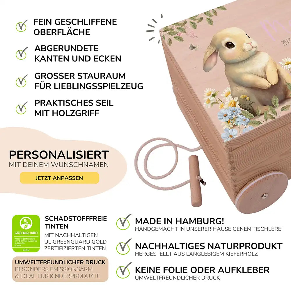 Spielzeugkiste mit Rädern personalisiert - Häschen