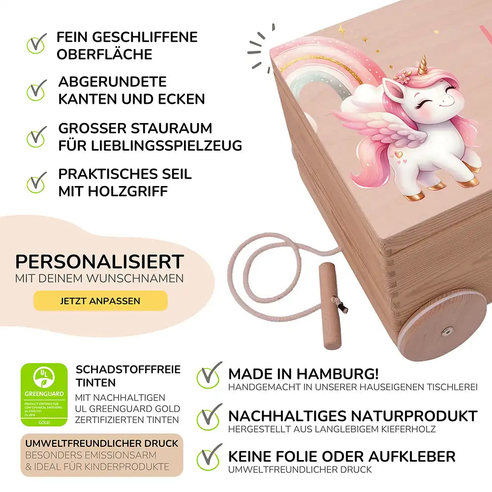 Spielzeugkiste mit Rädern personalisiert - Einhorn