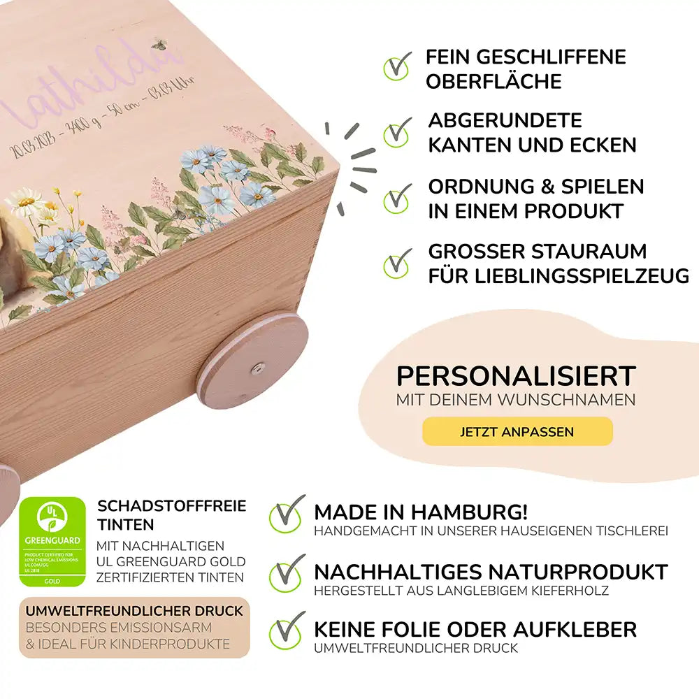 Spielzeugkiste mit Rädern personalisiert - Häschen