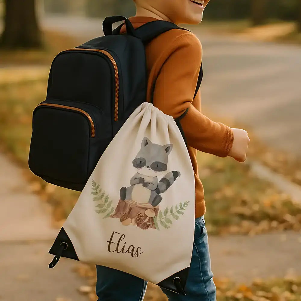 Personalisierter Turnbeutel mit Namen - Waschbär