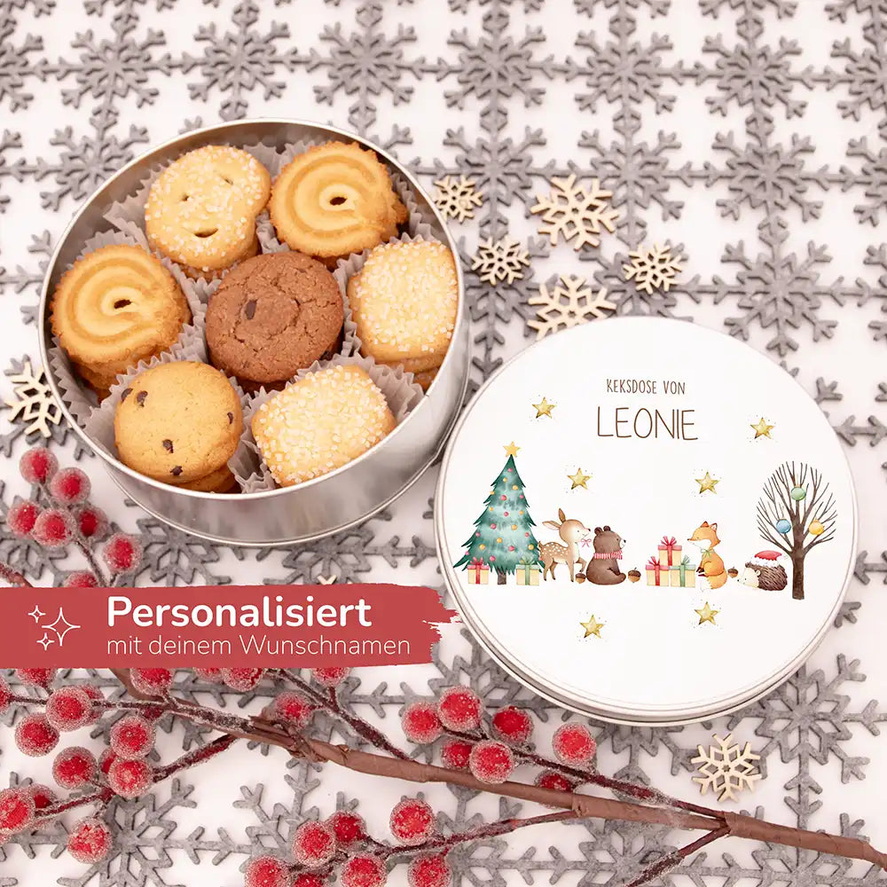 Keksdose aus Metal personalsiert - fröhliche Tiere im Wald