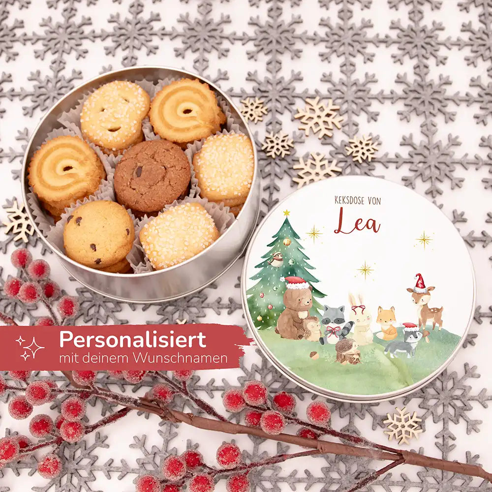 Keksdose aus Metal personalisiert - Kleine Waldbewohner im Weihnachtsglanz
