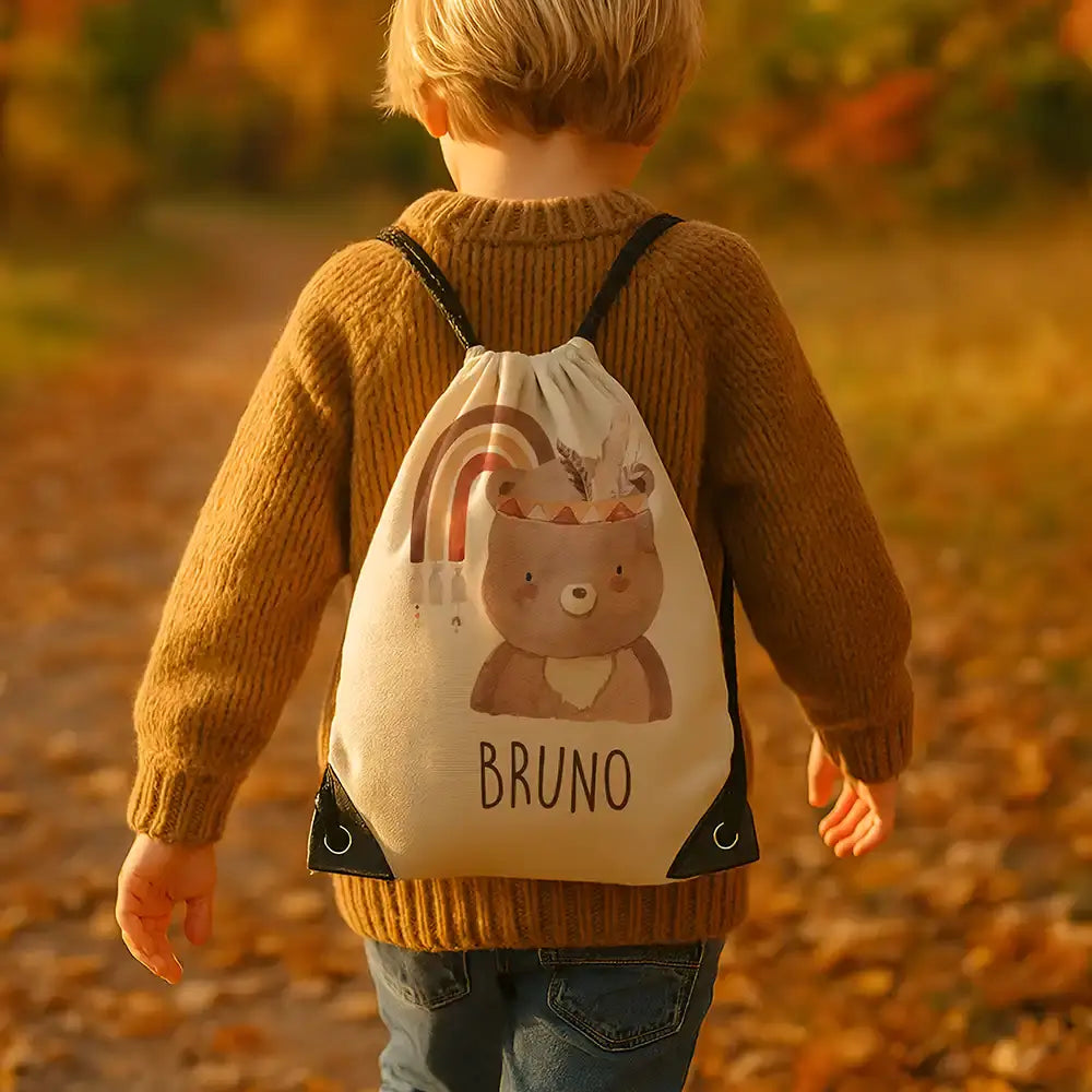 Personalisierter Turnbeutel mit Namen - Bär mit Regenbogen