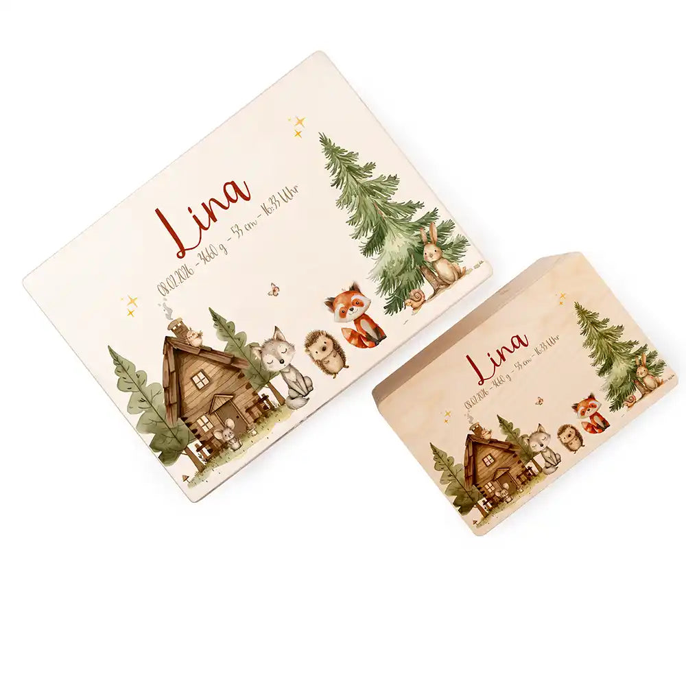 Boîte à souvenirs bébé personnalisée Cabane de la forêt – coffret fermé sur fond blanc