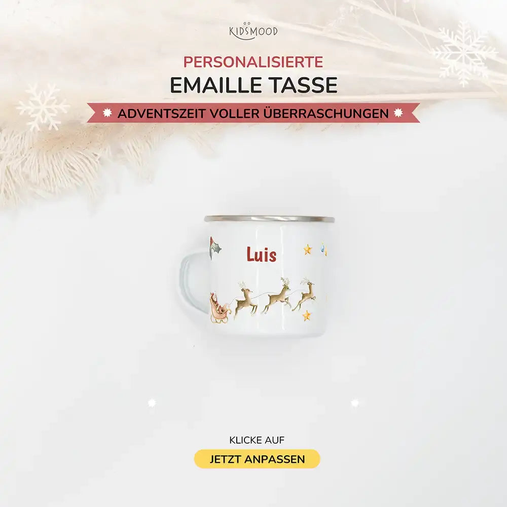 Emaille Tasse personalisiert Weihnachten - Rentier Schlitten