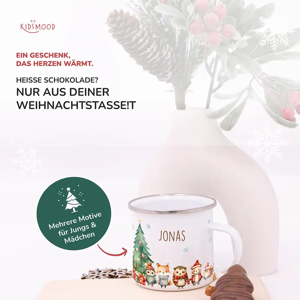 Emaille Tasse personalisiert Weihnachten - Wintertiere