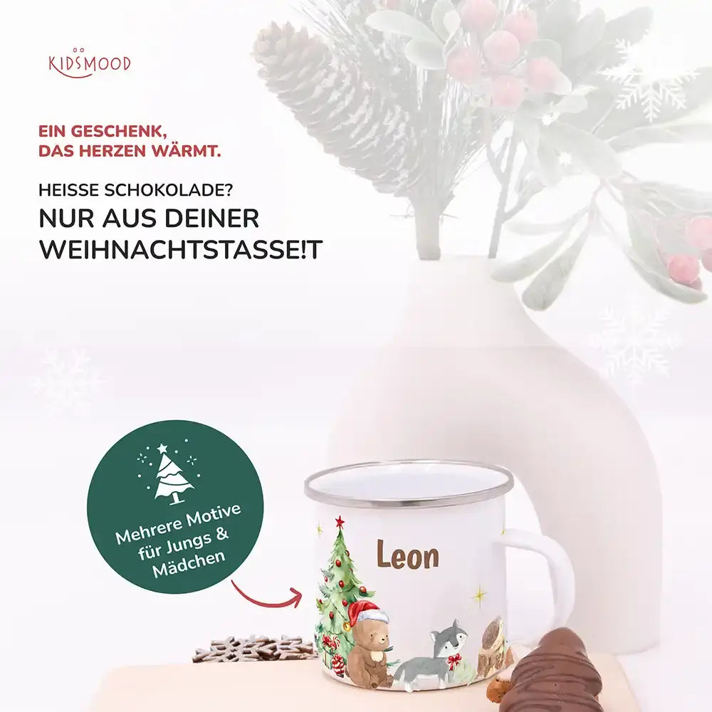 Emaille Tasse personalisiert Weihnachten - Bär und Waschbär