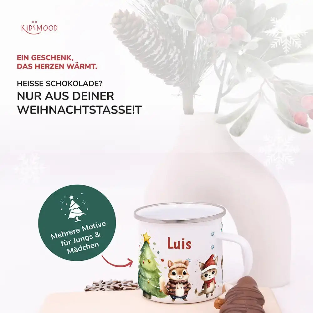 Emaille Tasse personalisiert Weihnachten - Süße Eichhörnchen
