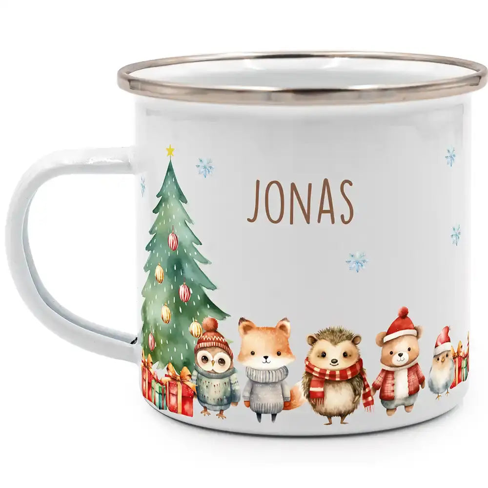 Emaille Tasse personalisiert Weihnachten - Wintertiere