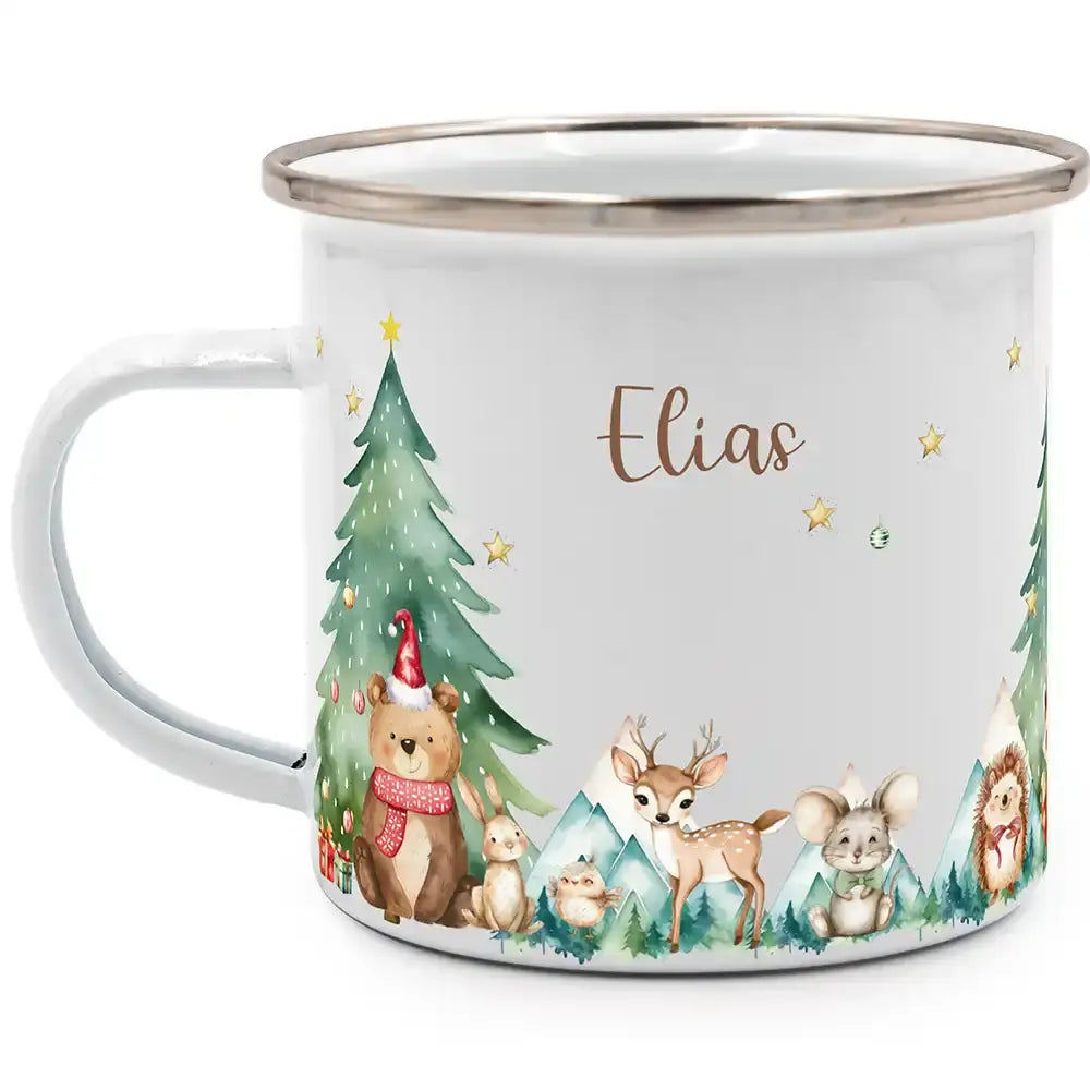 Emaille Tasse personalisiert Weihnachten - Frohe Waldtiere