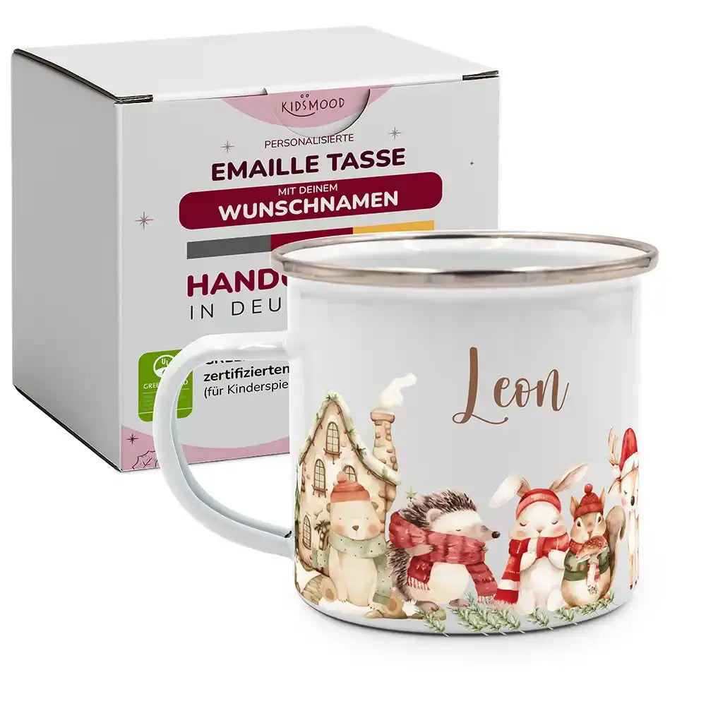 Emaille Tasse personalisiert Weihnachten - Tierfamilie Wald