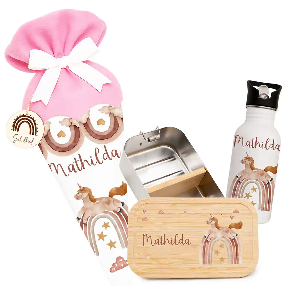 Einschulungsset mit Name – Schultüte, Trinkflasche und Brotdose