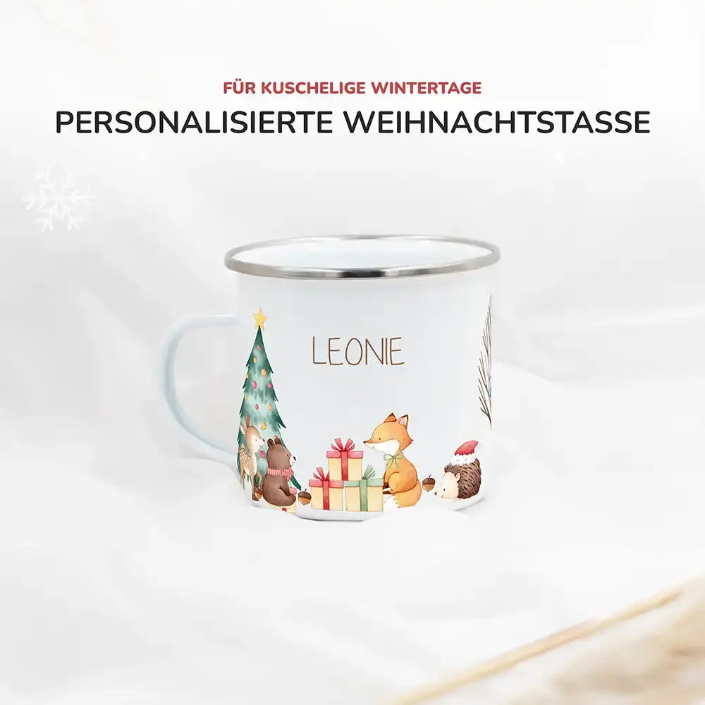 Emaille Tasse personalisiert Weihnachten - niedlicher Fuchs