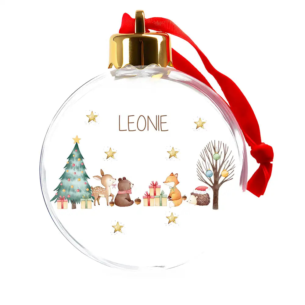 Weihnachtskugel personalisiert mit Namen - Flauschige Freunde im Schneewald