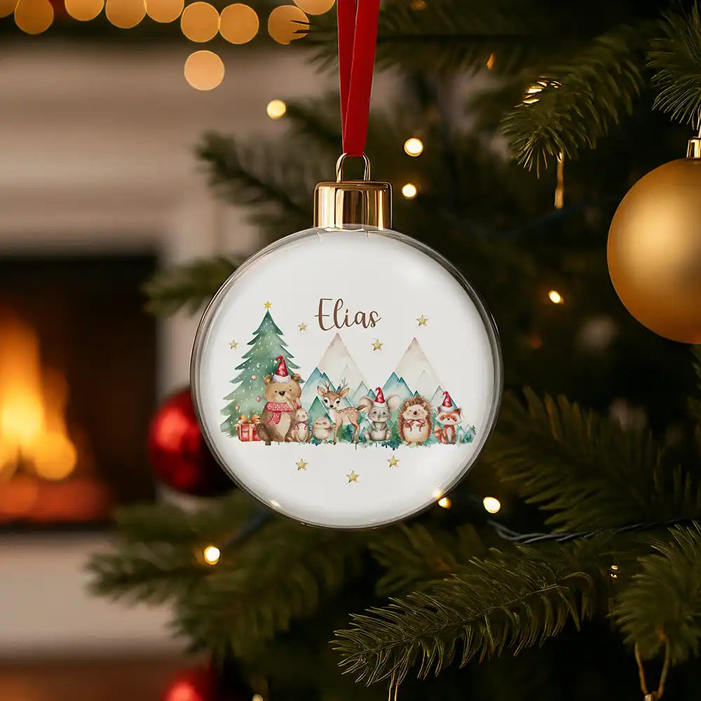 Weihnachtskugel personalisiert mit Namen - Süße Fellwesen im Frostzauber