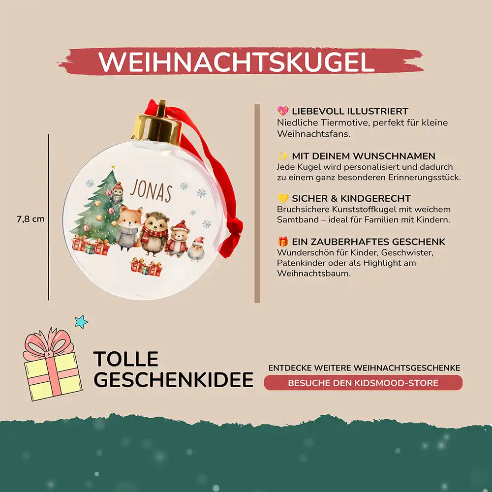 Weihnachtskugel personalisiert mit Namen - Tiere im Wald
