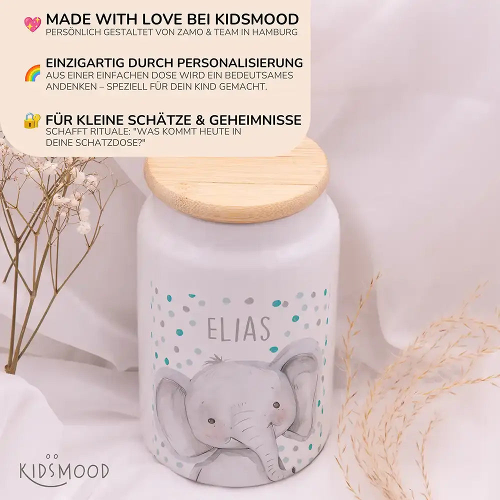 Personalisierbare Keksdose mit Name - Elefant mit Punkten