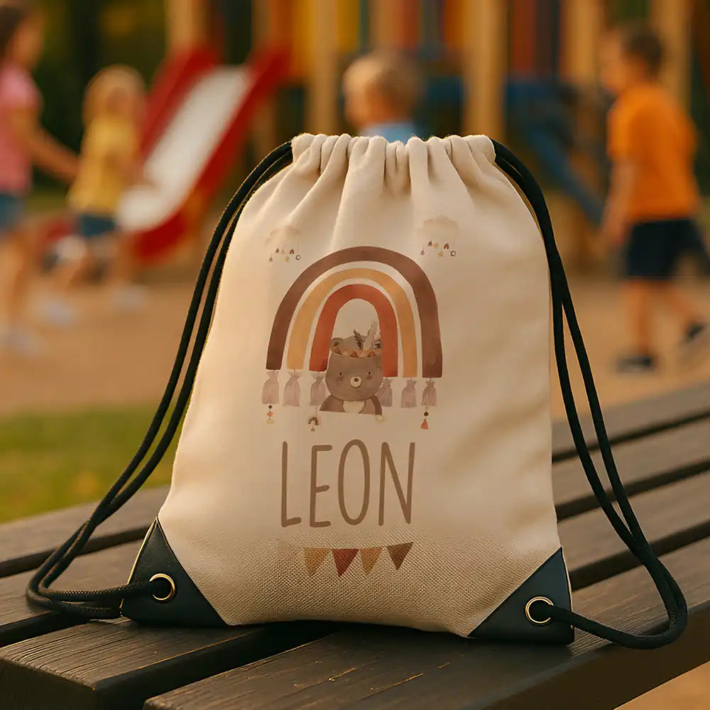 Personalisierter Turnbeutel mit Namen - Boho Bär Regenbogen