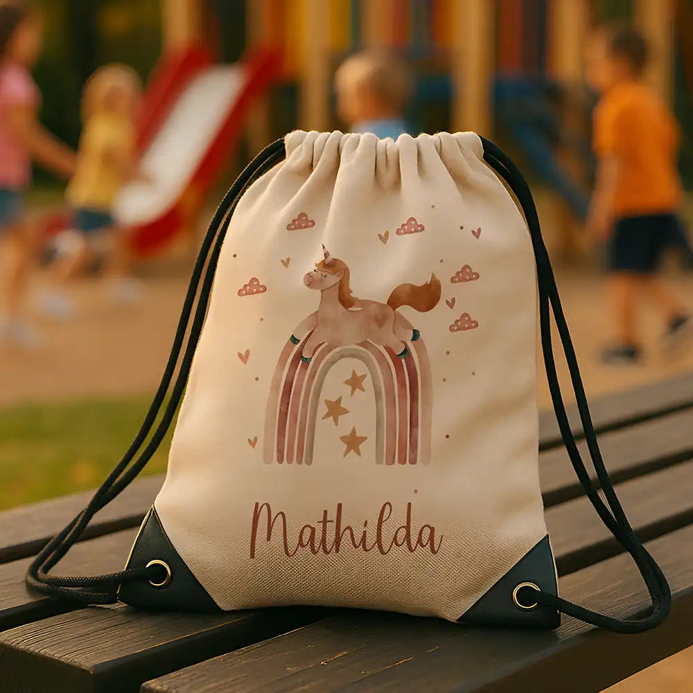 Personalisierter Turnbeutel mit Namen - Einhorn Regenbogen