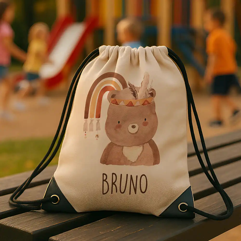 Personalisierter Turnbeutel mit Namen - Bär mit Regenbogen
