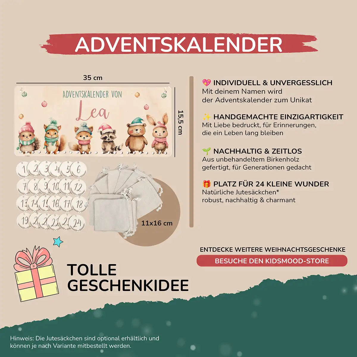 Personalisierbarer Adventskalender farbig - Weihnachtliche Tierfamilie