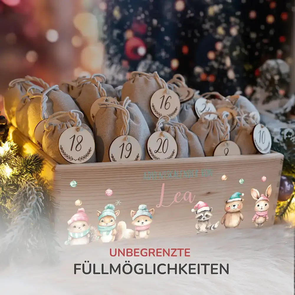 Personalisierte Adventskiste zum Befüllen - niedliche Tiere Weihnachten