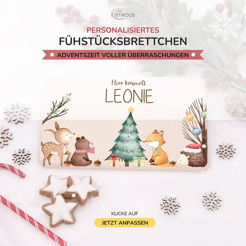 Weihnachts-Set Frühstücksbrettchen + Emaille Tasse - Fuchs am Weihnachtsbaum