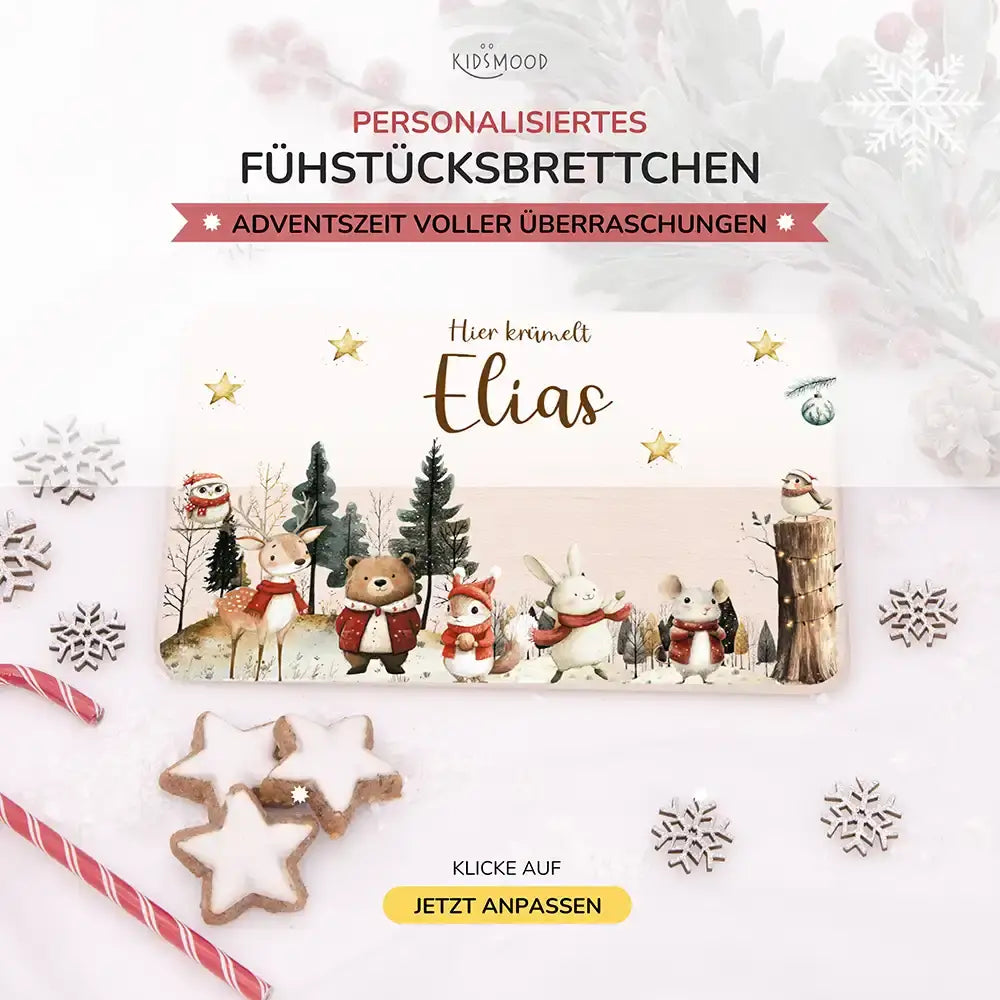 Weihnachts-Set Frühstücksbrettchen + Emaille Tasse - Waldtiere im Wintertraum