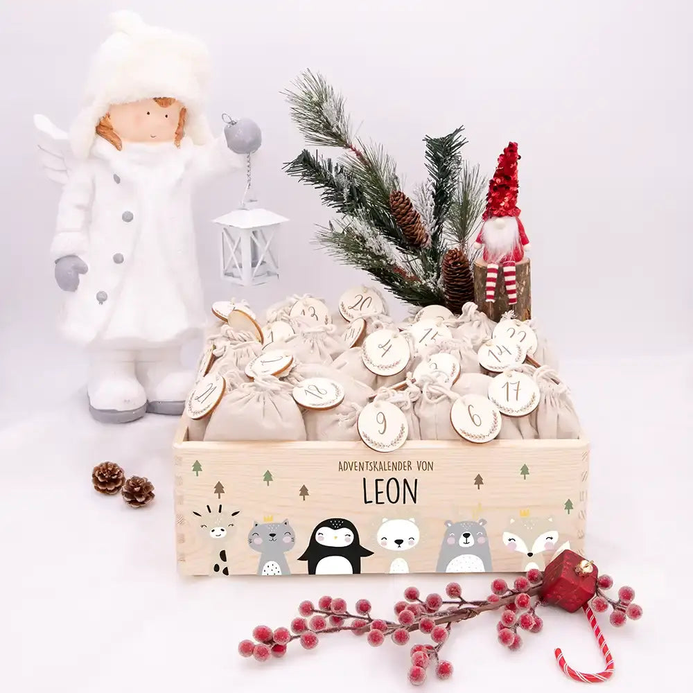 Personalisierte Adventskiste zum Befüllen - Winter Tierfamilie