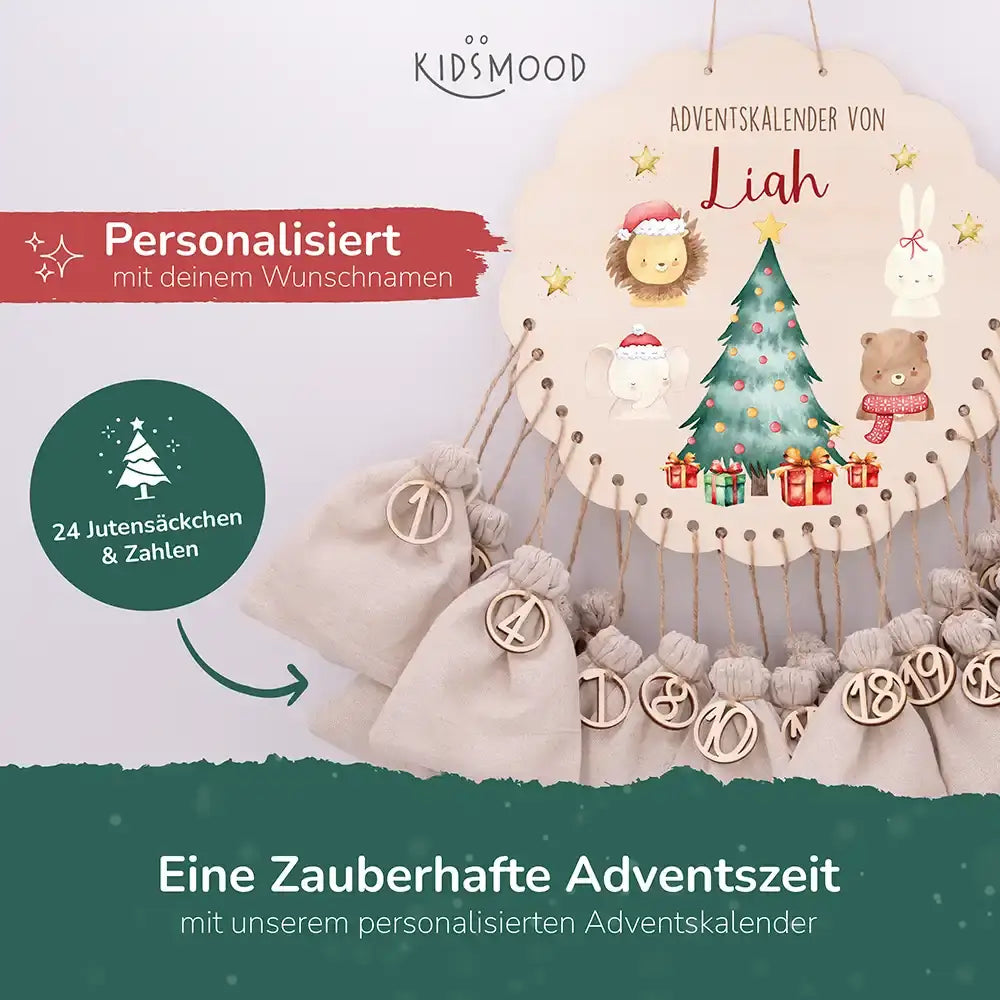 Personalisierter runder Adventskalender Kinder aus Holz - Weihnachtliche Tierwelt