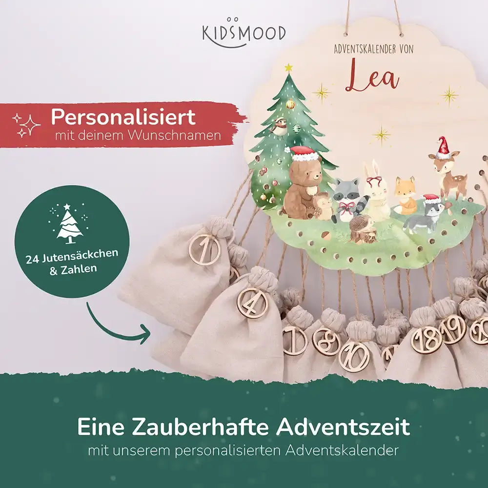 Personalisierter runder Adventskalender Kinder aus Holz - Niedliche Waldfreunde
