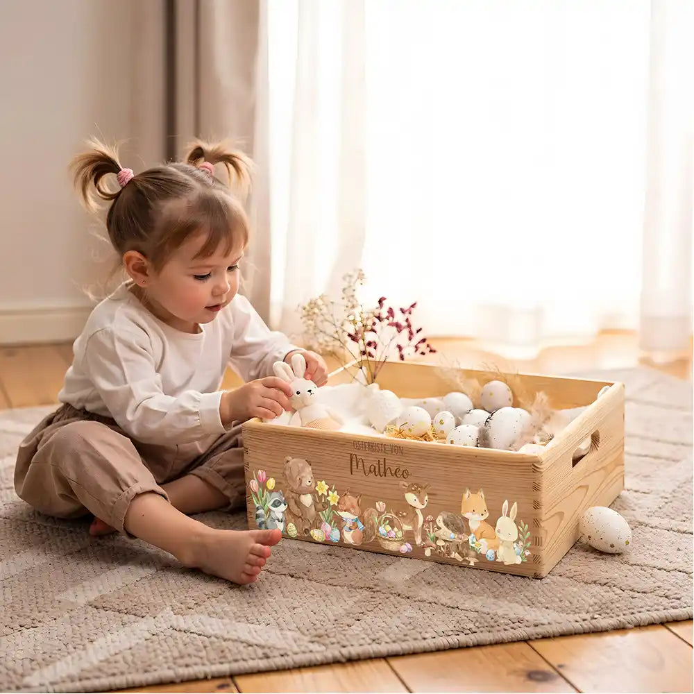 Osterkiste Holz personalisiert - Niedliche Waldtiere