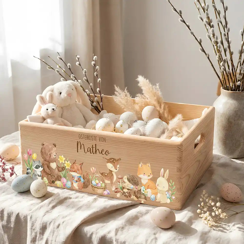 Osterkiste Holz personalisiert - Niedliche Waldtiere