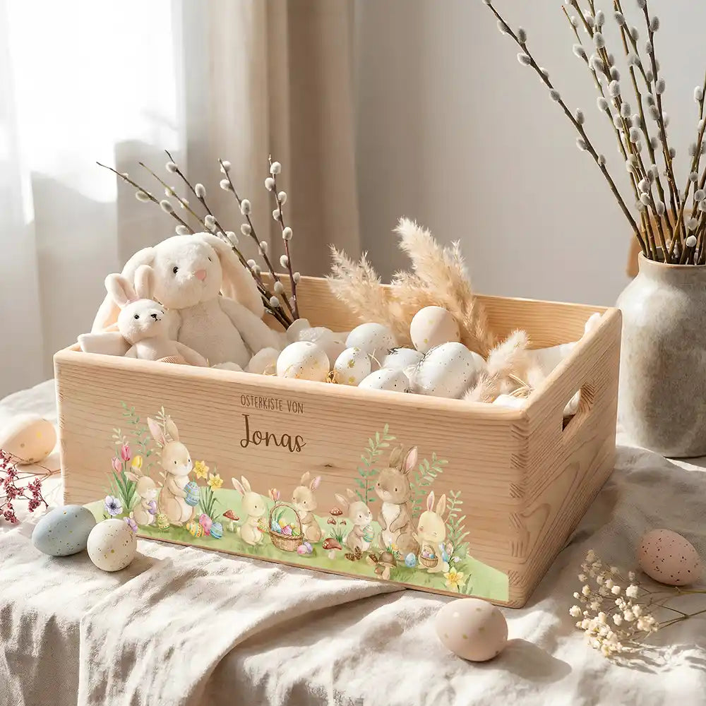 Osterkiste Holz personalisiert - Hasenfamilie im Wald
