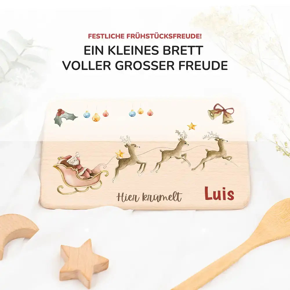 Weihnachts-Set Frühstücksbrettchen + Emaille Tasse - Rentier Schlitten